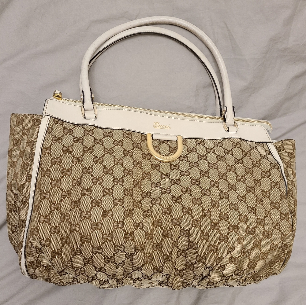 GUCCI Beige/White GG Canvas Gold D Ring Hobo Bag